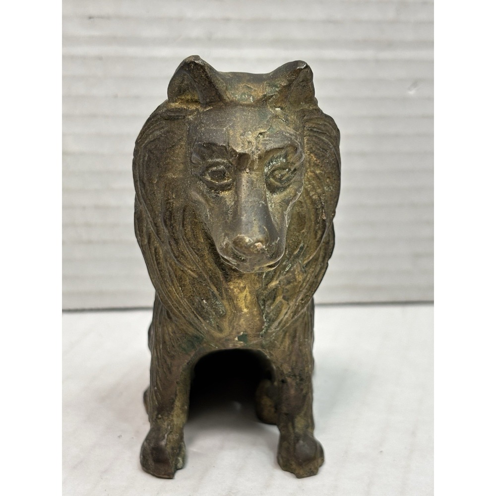 Vintage Solid Brass Collie Dog Figurine Statue Heavy‎ 4" Patina Decor
